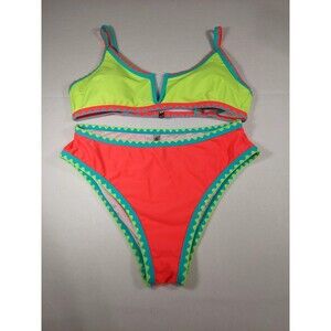 Popvil Women's Neon Color Block Crochet Edge V-Wire Bikini Set Size XLarge